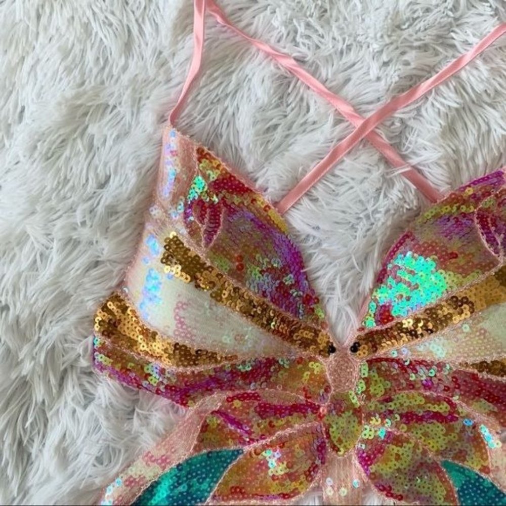 NWT Y2K Butterfly Sequin Pink Crop Top Sexy Cami Self Tie Mariah Carey Backless - Picture 5 of 12